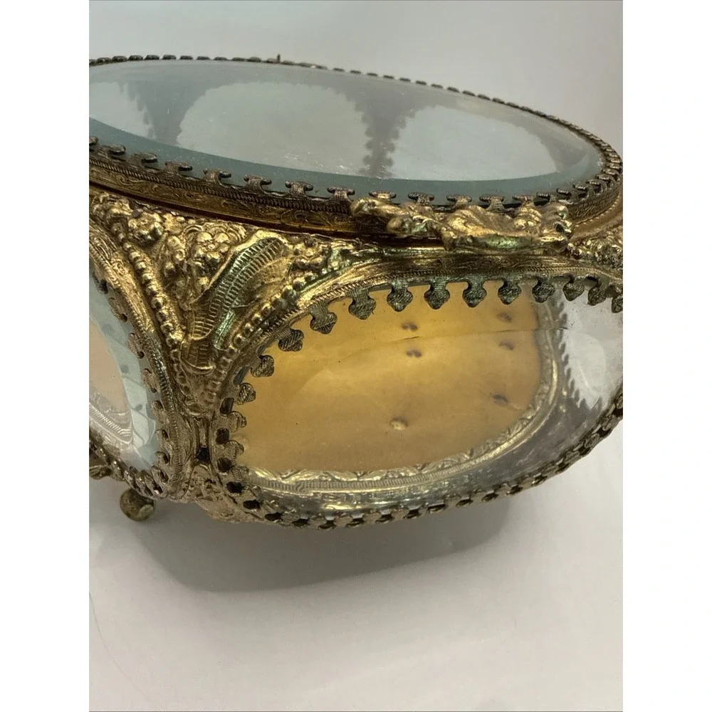 VTG Gold Gilt Ormolu Filigree Floral Bouquet Octagon Casket Trinket Jewelry Box